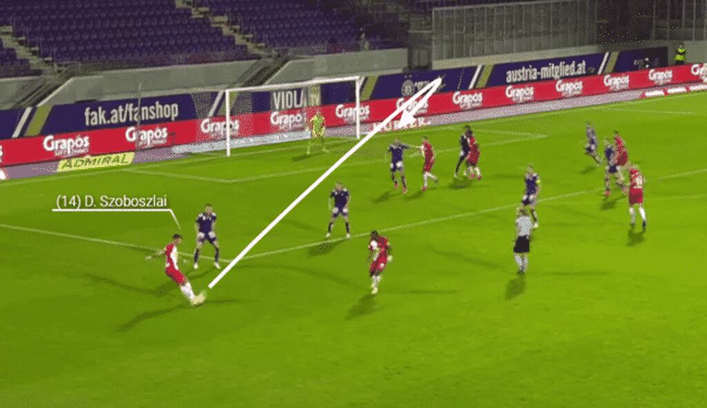 Dominik Szoboszlai delivers an inswinging cross on his right-foot resulting in a goal for Red Bull Salzburg.