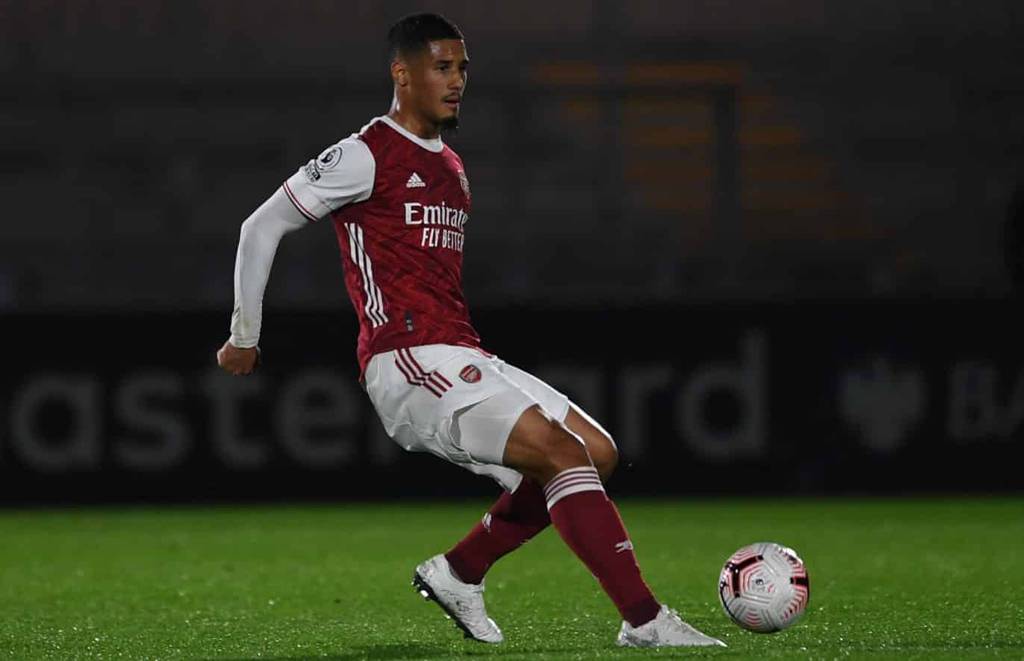 BOREHAMWOOD, ENGLAND - OCTOBER 30: William Saliba of Arsenal during the Premier League 2 match between Arsenal and Liverpool at Meadow Park on October 30, 2020 in Borehamwood, England. (Photo by David Price/Arsenal FC via Getty Images)