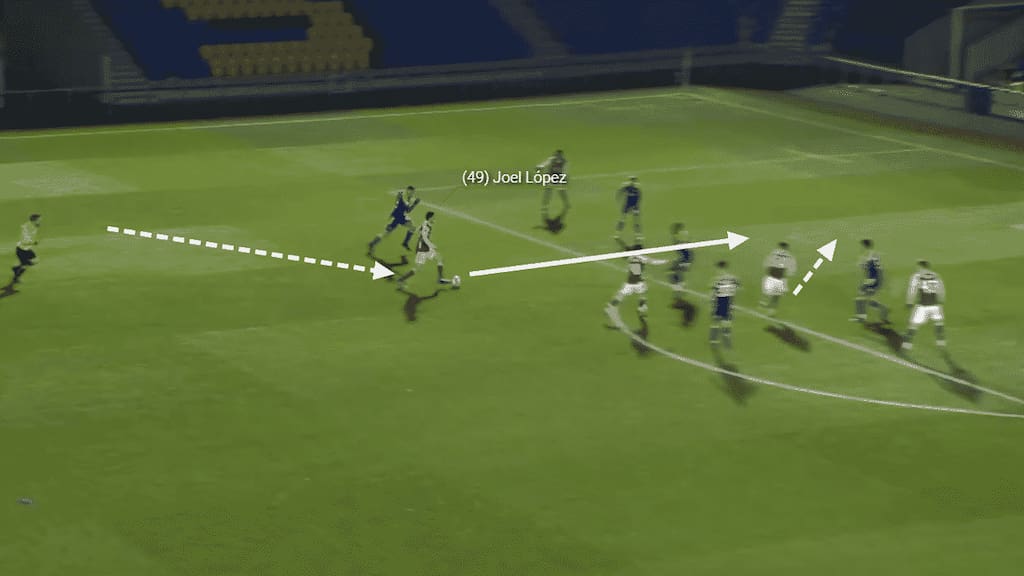 Cutting inside, and running across the face of the box, Lopez sees the run into the box from his teammate and slipped the ball between the two defenders opening up an opportunity.