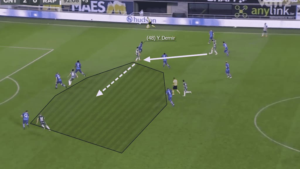 Demir receives the all to feet facing away from goal. Using his weaker right foot he touches the ball to his right in the direction his spin to then run towards the middle of the box.