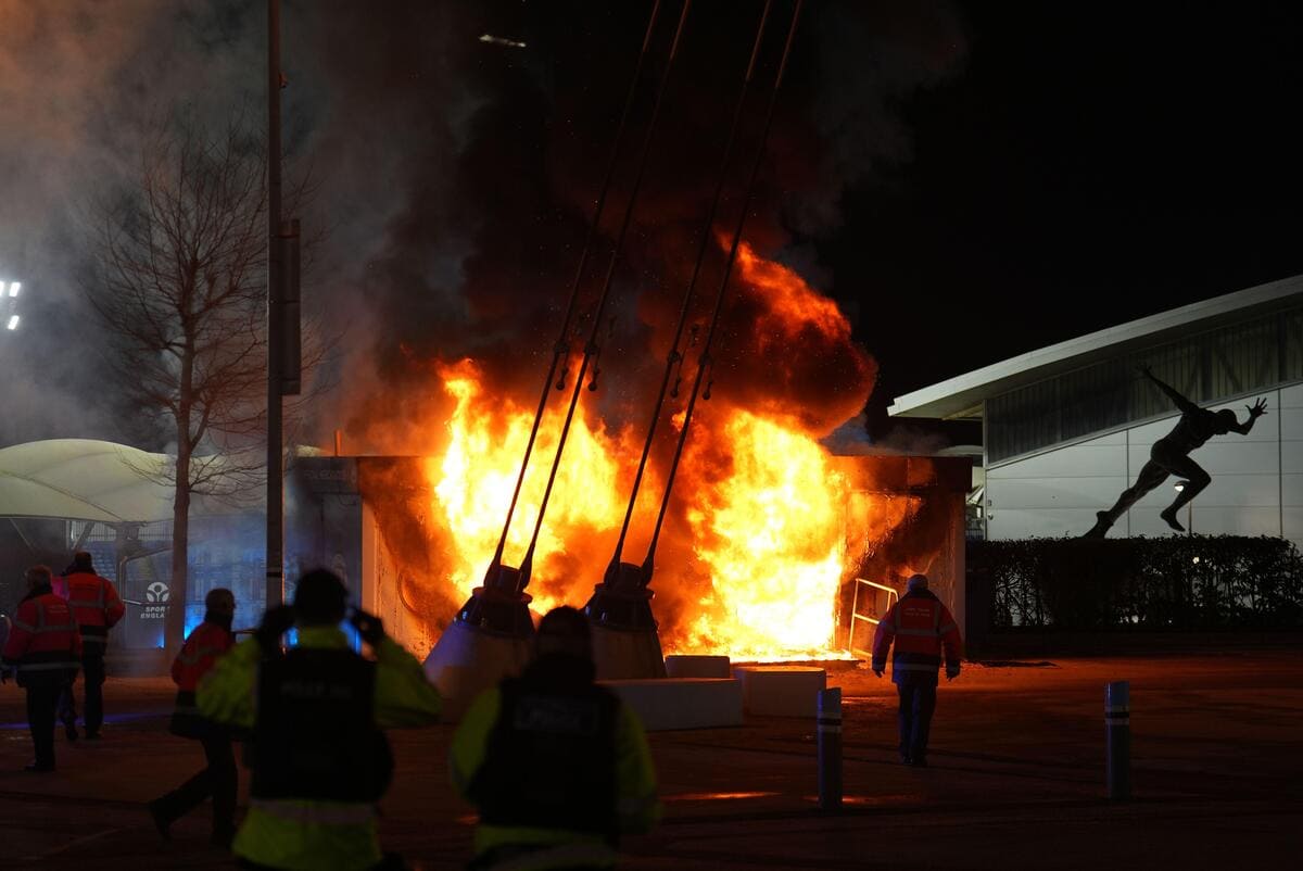 Fire crews tackle blaze outside the Etihad ahead of Manchester City v Club Brugge