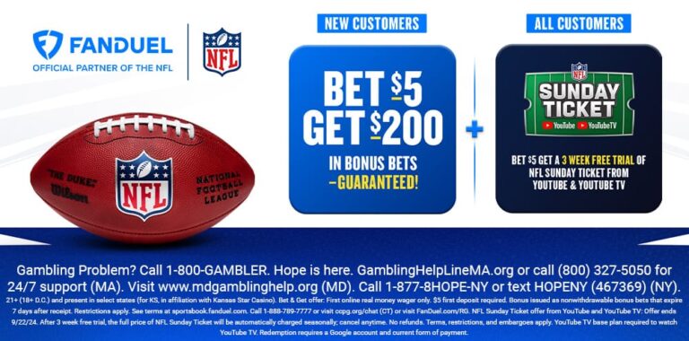FanDuel Promo: Get $200 in Bonus Bets + 3 Week NFL Sunday Ticket for the start of the Season
