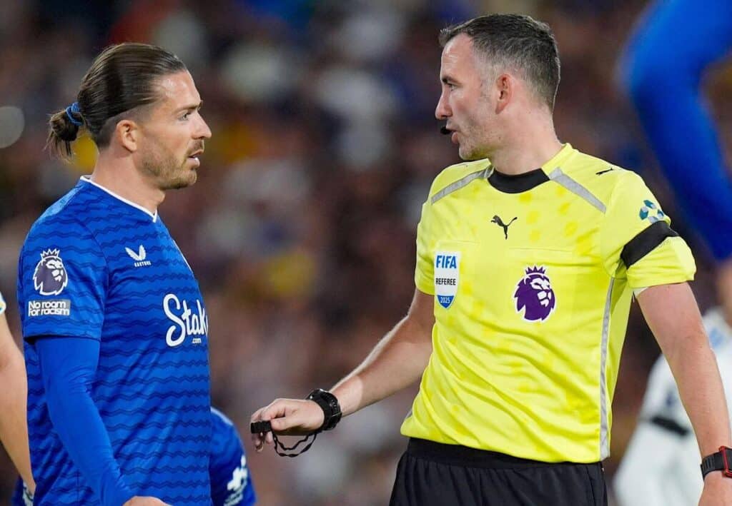 Everton midfielder Jack Grealish and referee Chris Kavanagh