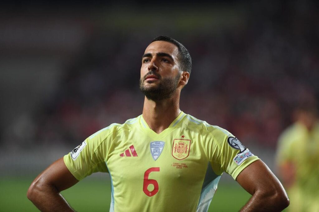 Mikel Merino celebrates for Spain