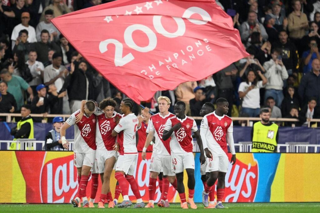 Monaco celebrate their goal against Manchester City