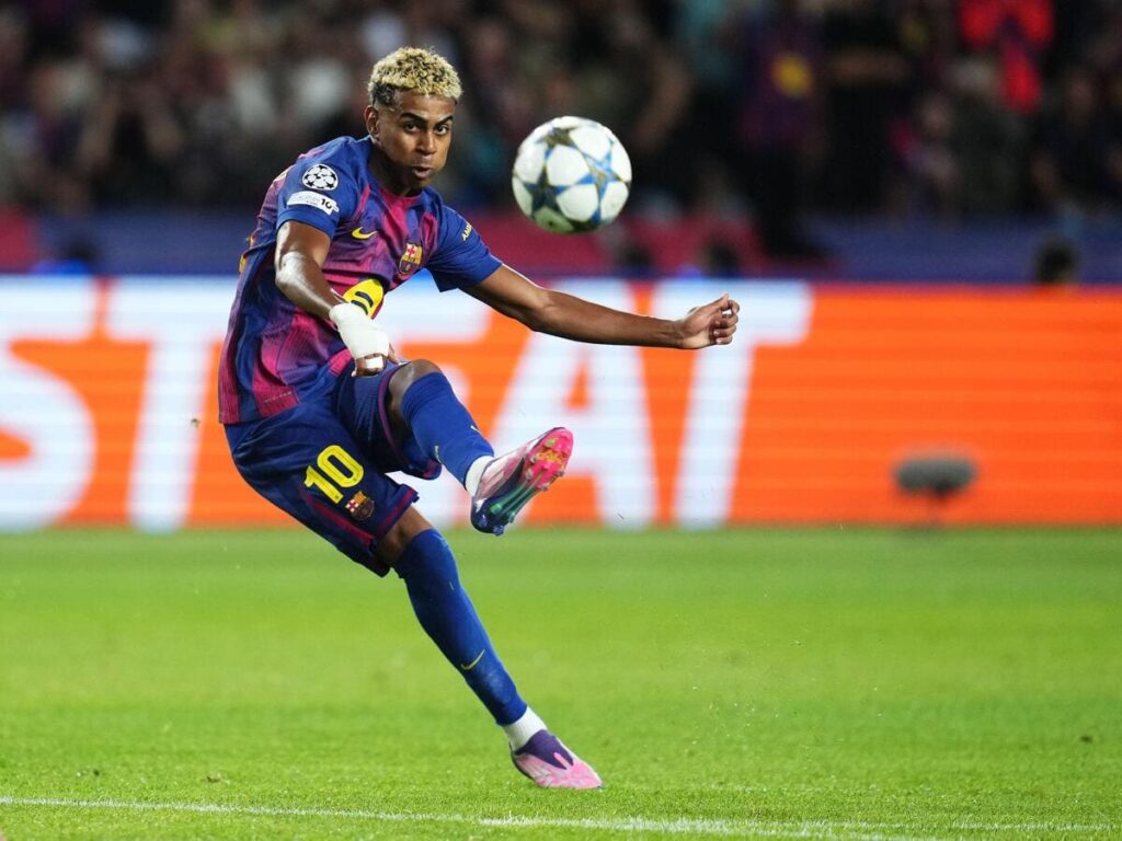 Lamine Yamal of Barcelona in UEFA Champions League action