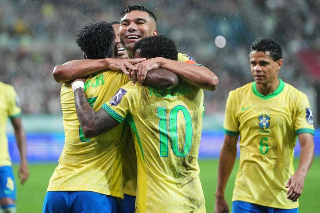 Brazil celebrate a goal against South Korea