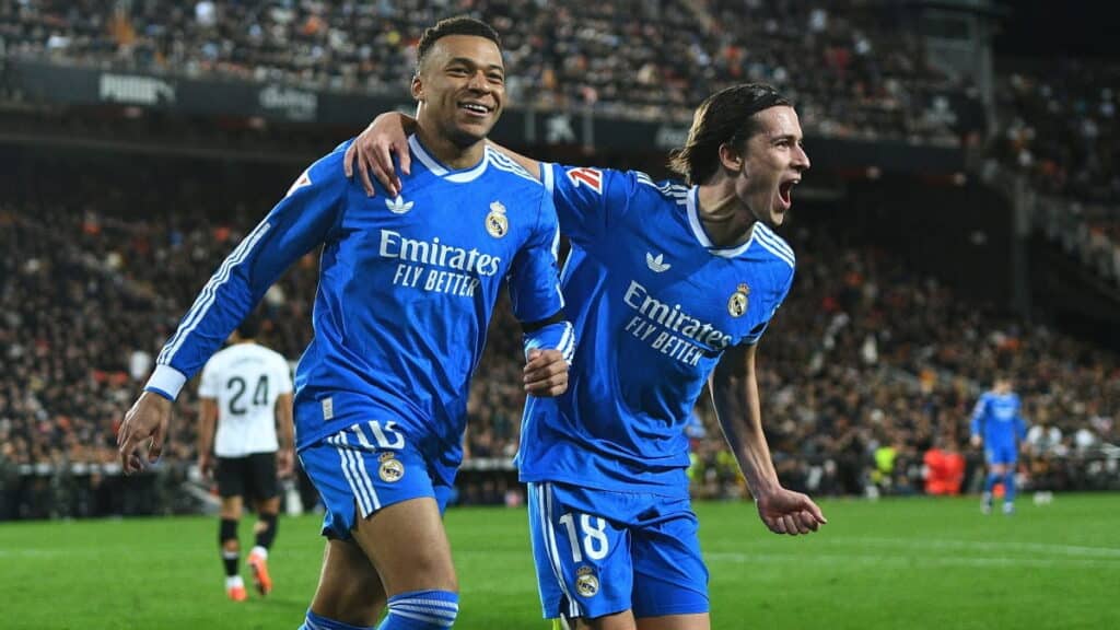 Kylian Mbappe celebrates scoring for Real Madrid