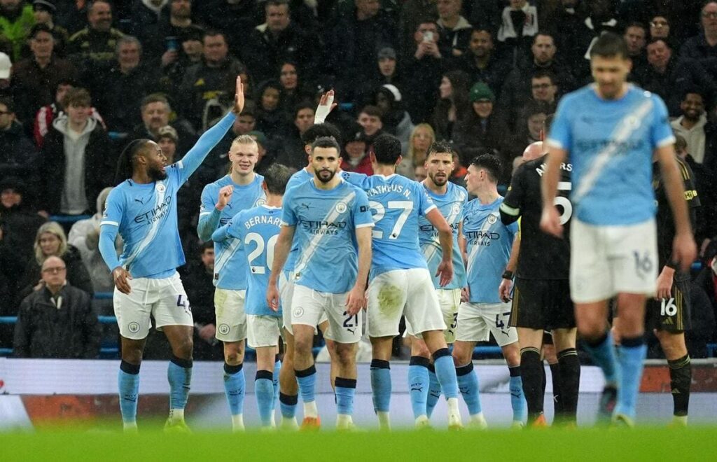 Manchester City celebrate Erling Haaland's goal against Fulham.