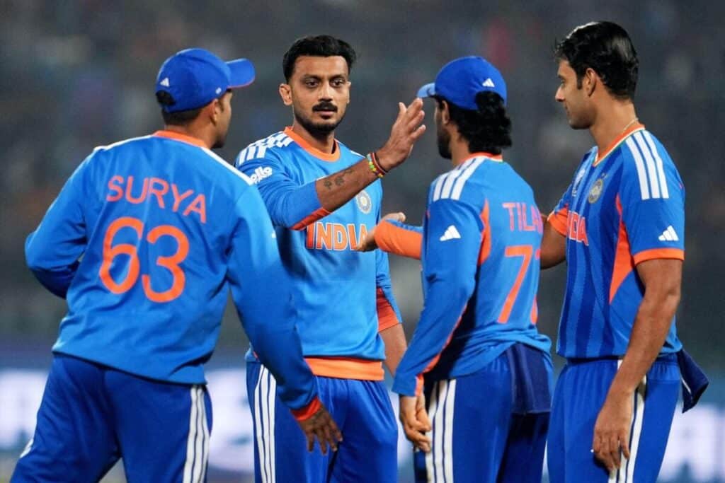 India celebrate a wicket against Namibia.