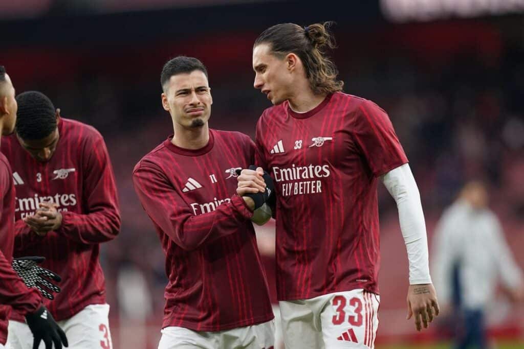 Riccardo Calafiori and Gabriel Martinelli of Arsenal.