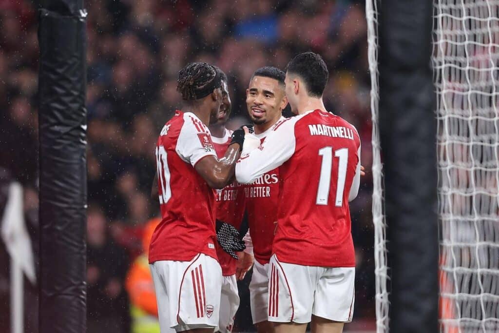 Arsenal celebrate a goal for Gabriel Jesus against Wigan.