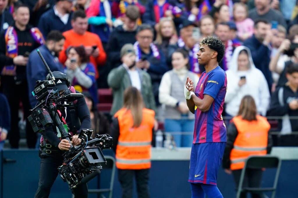 Barcelona star Lamine Yamal celebrates his second goal against Villarreal.