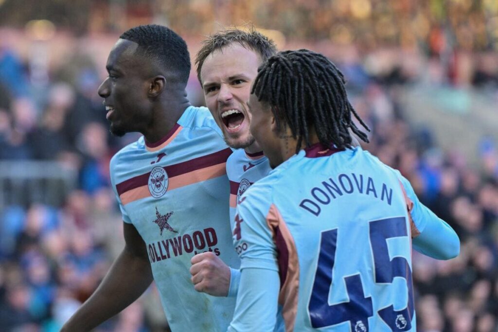 Mikkel Damsgaard celebrates his winner for Brentford at Burnley.