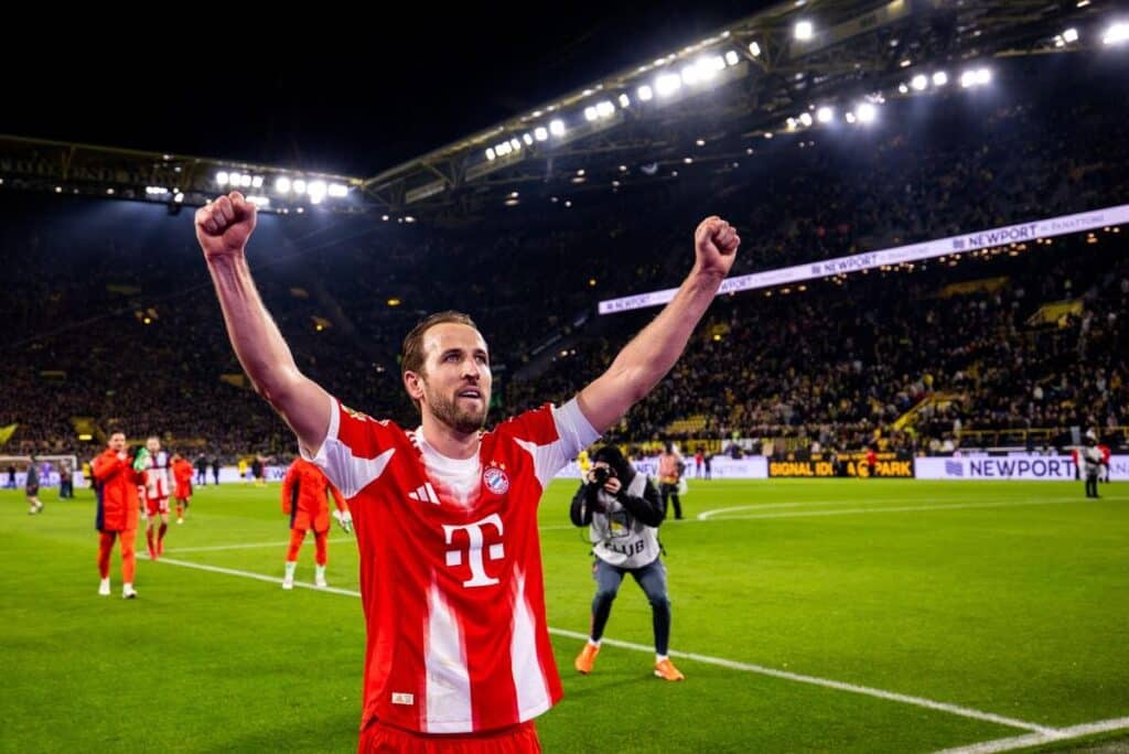 Harry Kane celebrates Bayern Munich's win over Borussia Dortmund