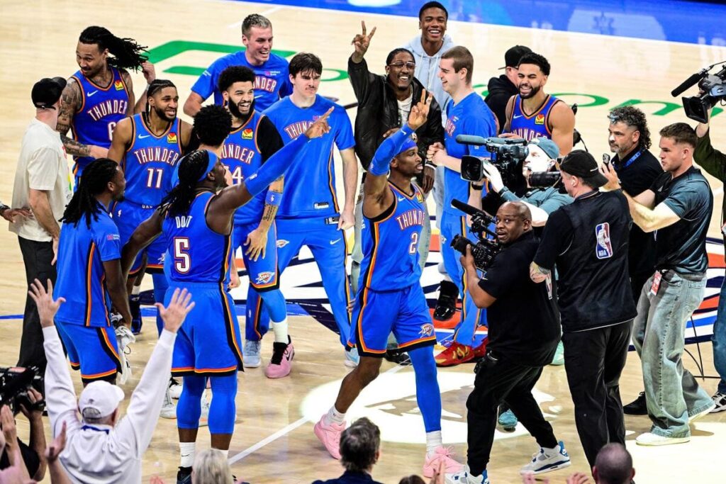 Shai Gilgeous-Alexander of the Oklahoma City Thunder celebrates his performance against the Denver Nuggets