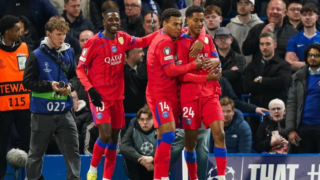 Paris Saint-Germain players celebrate their win over Chelsea