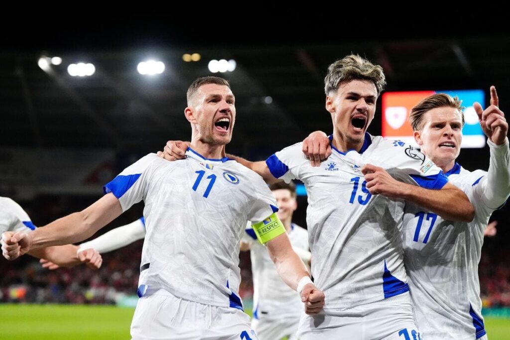 Edin Dzeko celebrates scoring for Bosnia-Herzegovina