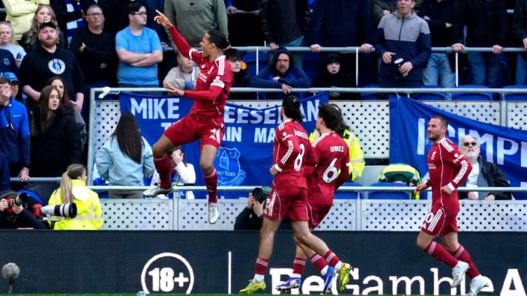 Virgil van Dijk celebrates scoring the winner against Everton