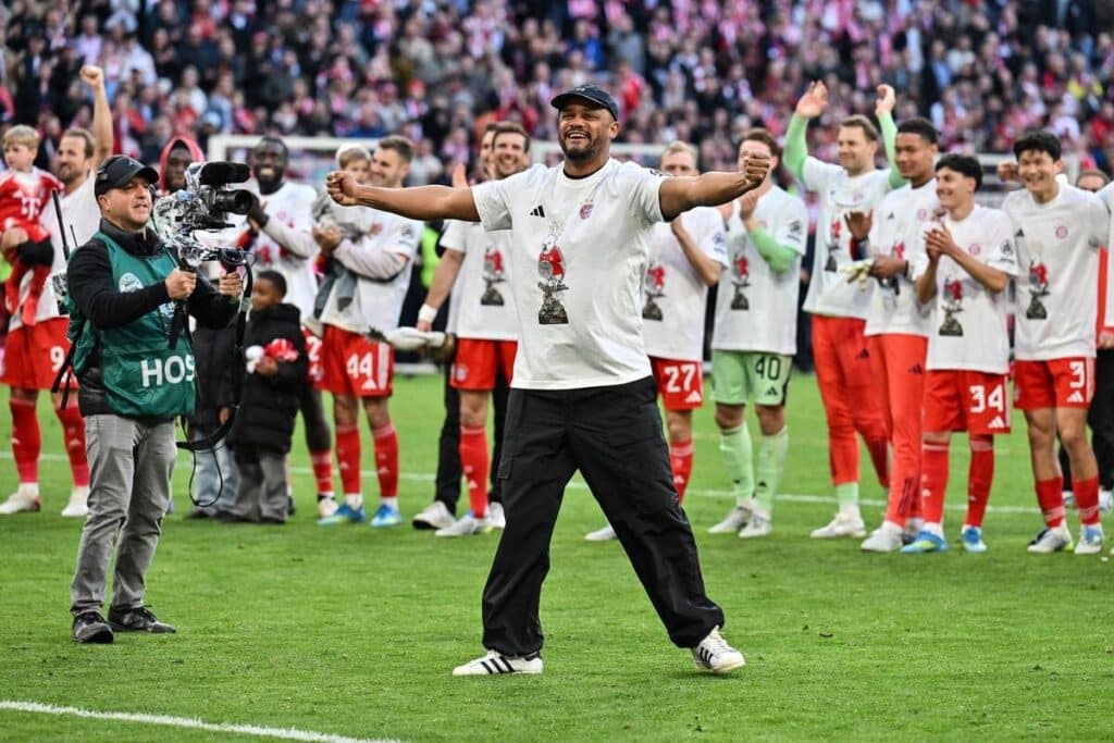 Bayern Munich boss Vincent Kompany celebrates winning the Bundesliga