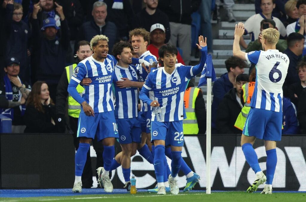 Brighton celebrate a goal against Chelsea.