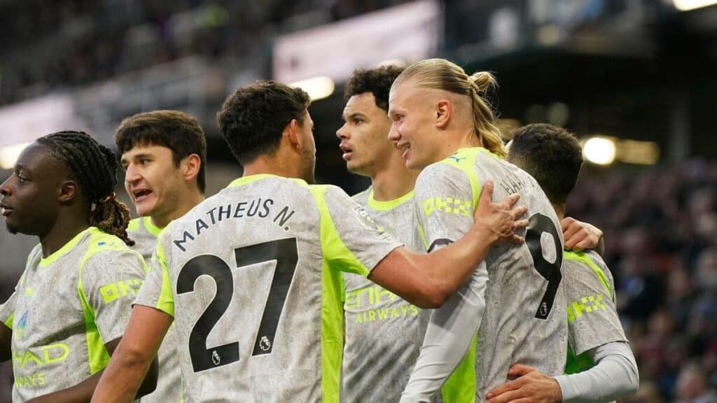 Manchester City celebrate an Erling Haaland goal against Burnley