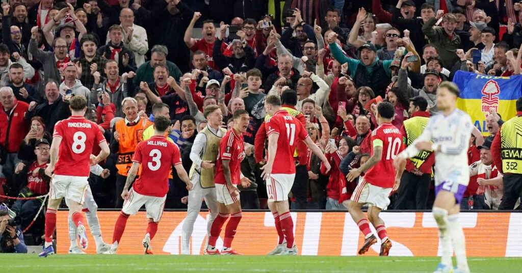 Nottingham Forest celebrate scoring against Aston Villa