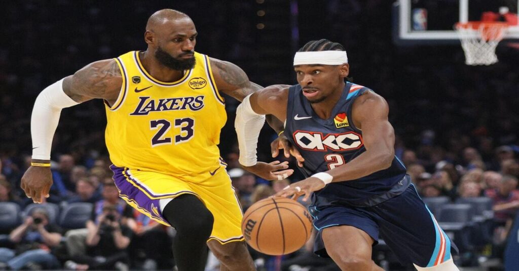 Shai Gilgeous-Alexander of the Oklahoma City Thunder and LeBron James of the Los Angeles Lakers