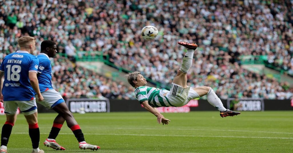 Daizen Maeda scores a brilliant overhead kick for Celtic against Rangers