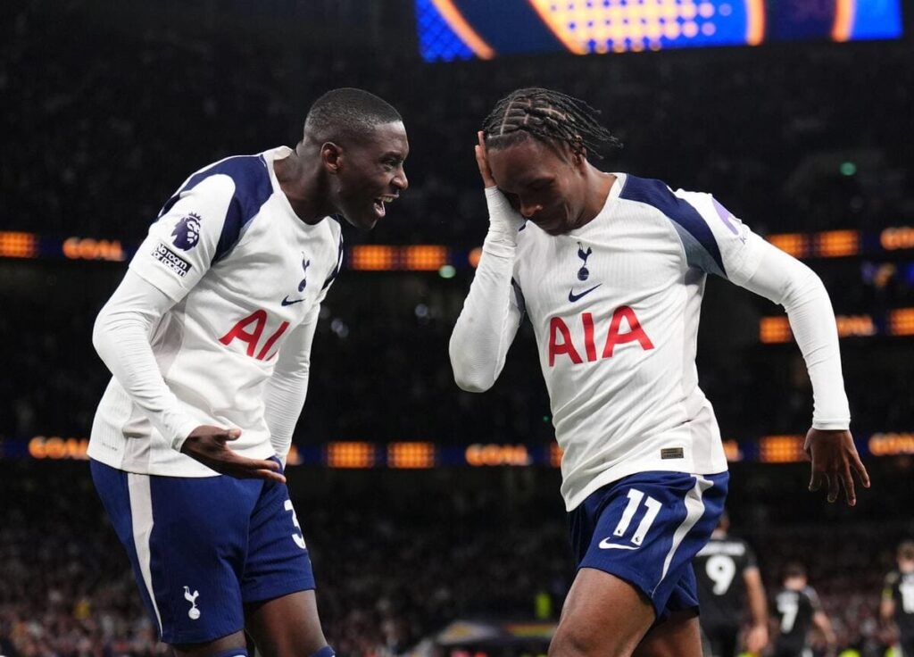 Mathys Tel celebrates scoring for Tottenham against Leeds