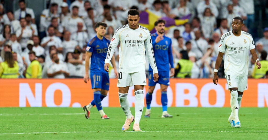 Kylian Mbappe looks dejected on his return to Real Madrid