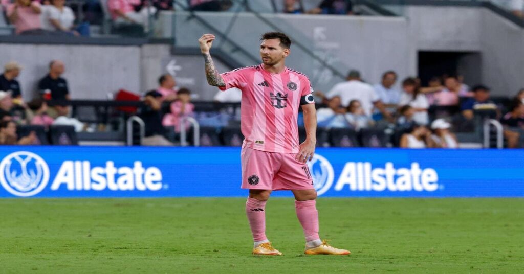Lionel Messi gestures towards the Inter Miami fans during the win over the Portland Timbers