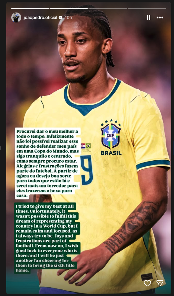 Joao Pedro reacts to being left out of the Brazil squad for the World Cup