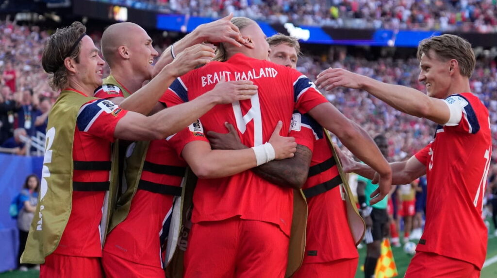 Norway celebrate scoring in the World Cup