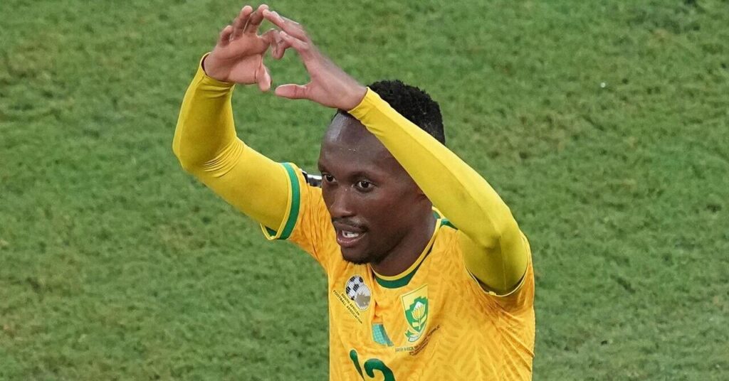 Thapelo Maseko celebrates the goal that gave South Africa a 1-0 win over South Korea