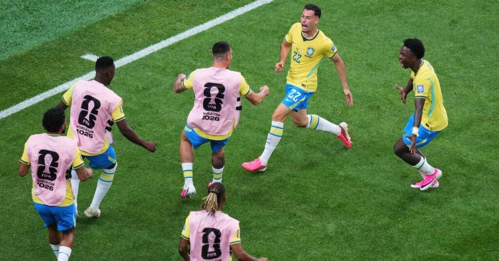 Gabriel Martinelli celebrates his winner for Brazil against Japan
