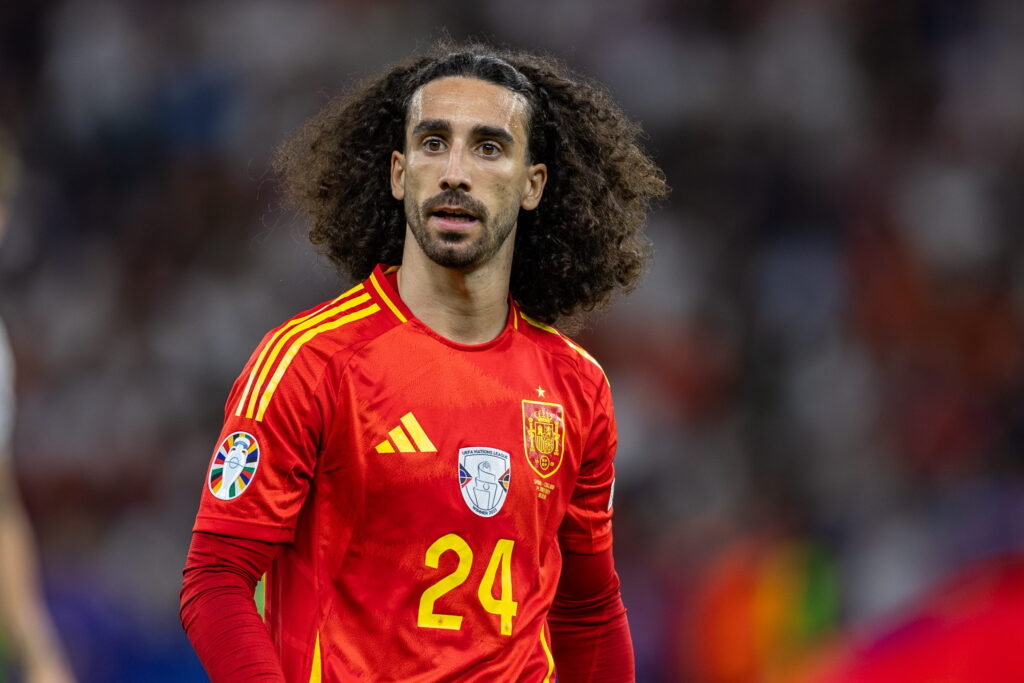 A photo of footballer Marc Cucurella looking to his right while standing on a pitch wearing the Spain national team football shirt of red with yellow trim. The football player's number 24 is on his chest in yellow along with the Adidas logo and national team badge. A crowd is blurrily visible in the background