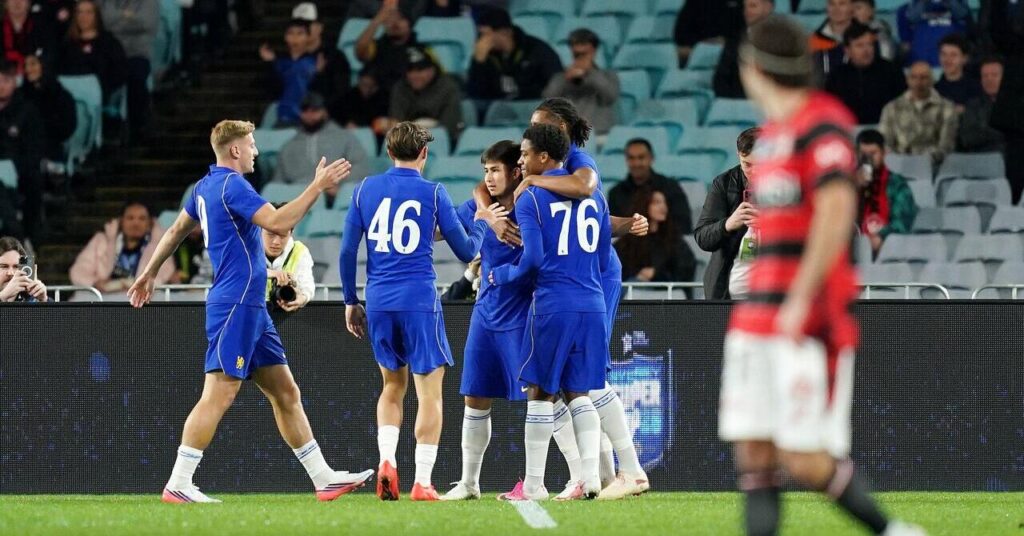 Chelsea's Dastan Satpayev celebrates with team-mates after scoring their side's first goal during the pre-season friendly match at the Accor Stadium in Sydney