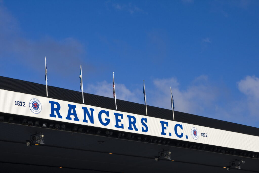 The words Rangers FC at the Ibrox stadium home of Scottish Premiership team Rangers Football Club