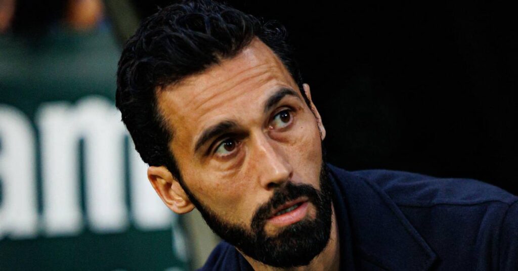 Football manager Alvaro Arbeloa looking to his left in a stadium in his role as head coach of Premier League team Fulham Football Club