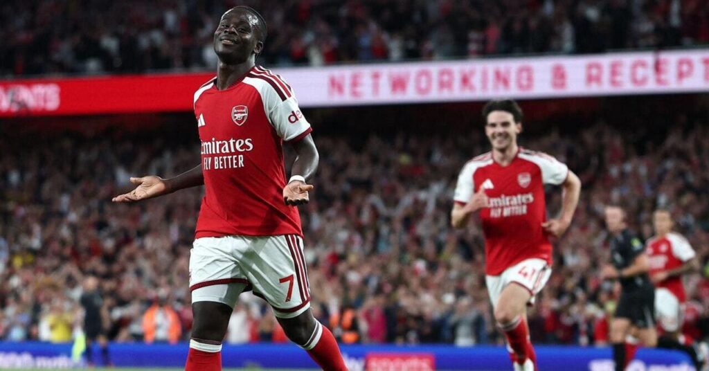 Bukayo Saka celebrates scoring for Arsenal against Coventry City