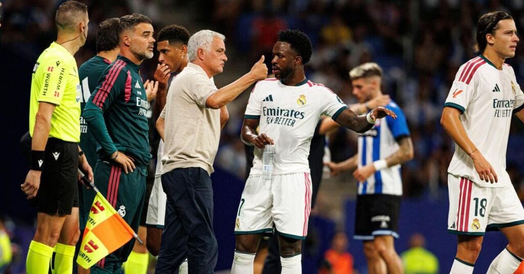Real Madrid coach Jose Mourinho and forward Vinicius Junior