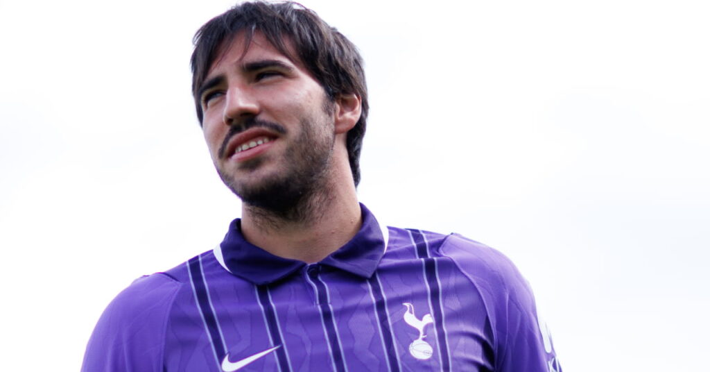 Footballer Sandro Tonali wearing the purple third shirt of Premier League team Tottenham Hotspur Football Club