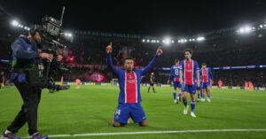 Paris Saint-Germain v Barcelona: Doue puts PSG ahead after Dembele and Olmo forced off in frantic first half