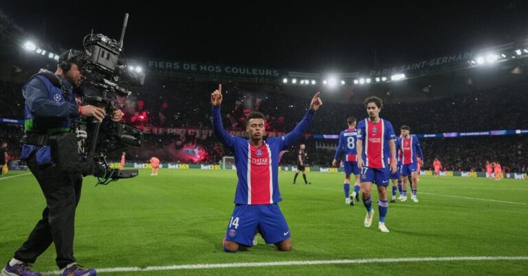 Paris Saint-Germain v Barcelona: Doue puts PSG ahead after Dembele and Olmo forced off in frantic first half